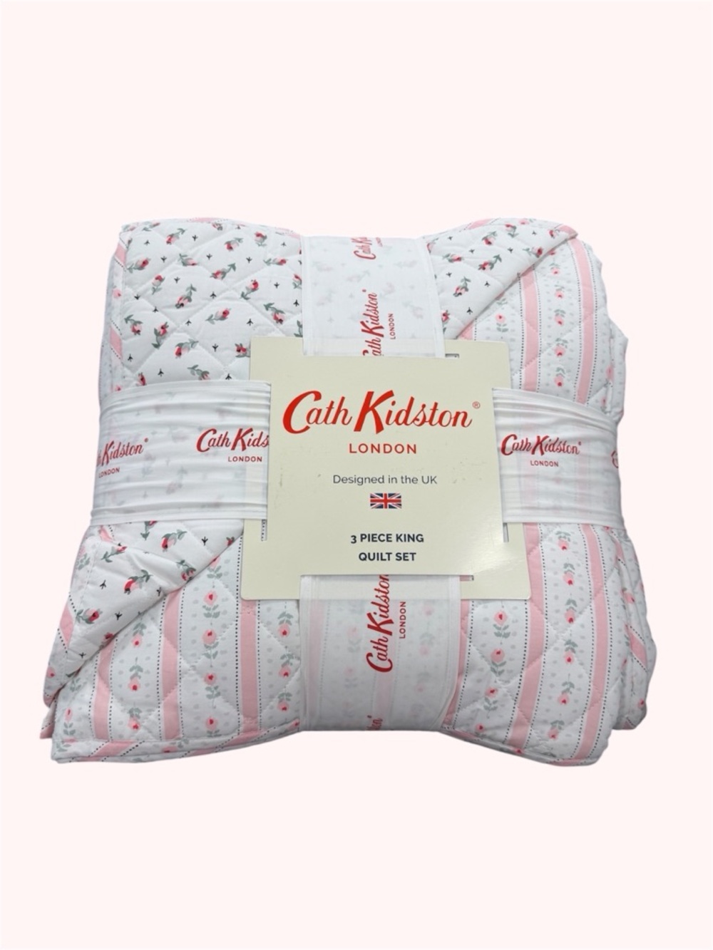 Cath Kidston White and Pink Floral Stripe King Quilt Set ~ Rosebud Stripe Pink